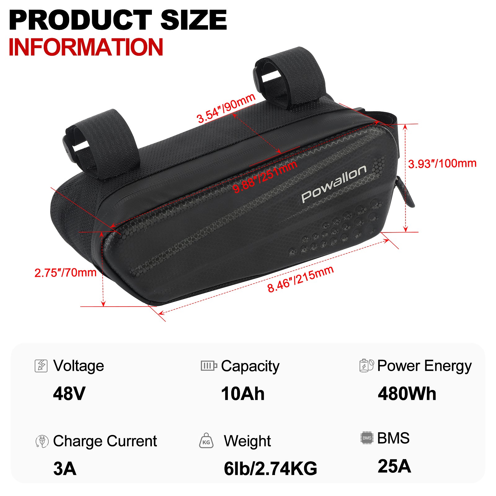 Powallon PPP EBike 48V 10AH Triangle Frame Battery with Mini Size Waterproof Case