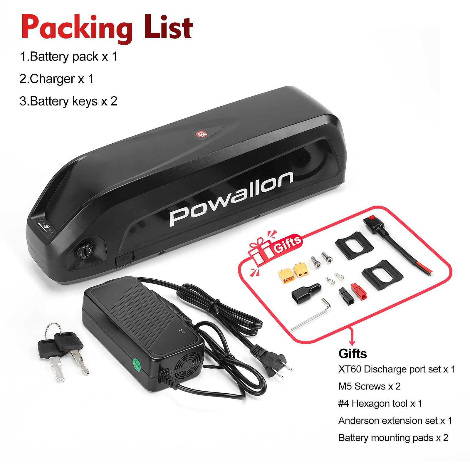 Powallon PPP 48V E-Bike Battery, 13Ah 20Ah Li-ion Battery Pack with 3A Fast Charger