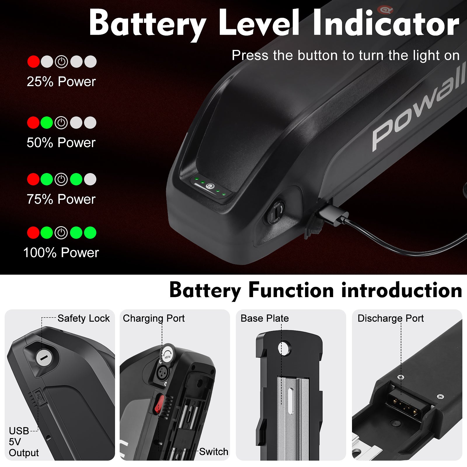 Powallon PPP 48V E-Bike Battery, 13Ah 20Ah Li-ion Battery Pack with 3A Fast Charger